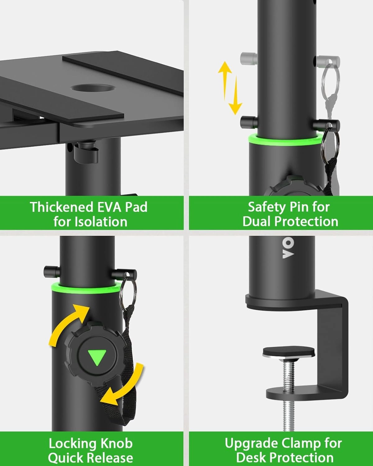 Set of 2 Dual Side Clamping Studio Monitor Stands Short Desktop Clamp Speaker Stands Height Adjustable Extendable Top Plate Mounted by Screws