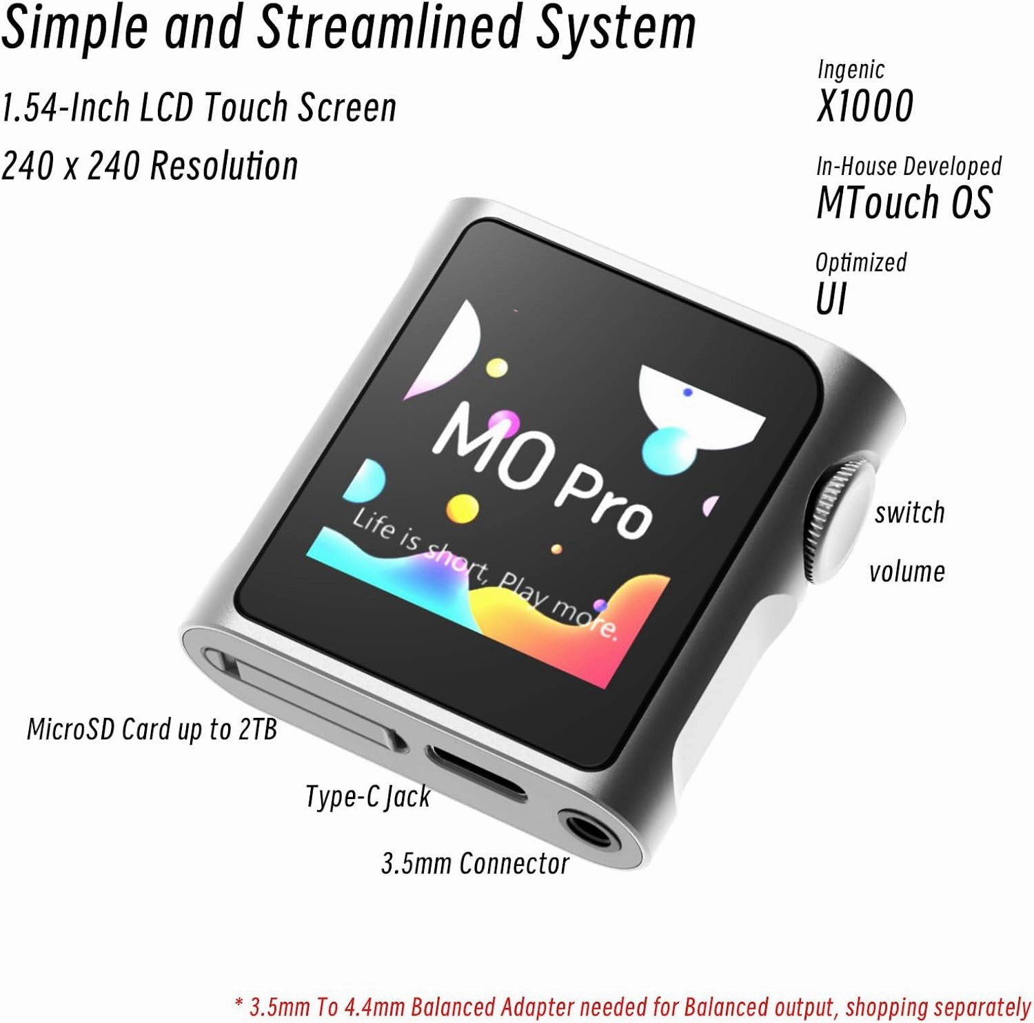 SHANLING M0 Pro MP3 Player, Hi-Res Portable Music Player with Bluetooth, Digital Audio Player 1.54 HD Touch Screen up to 8 Hour Battery Bluetooth and USB Type-C dongle 3.5mm JacksSliver