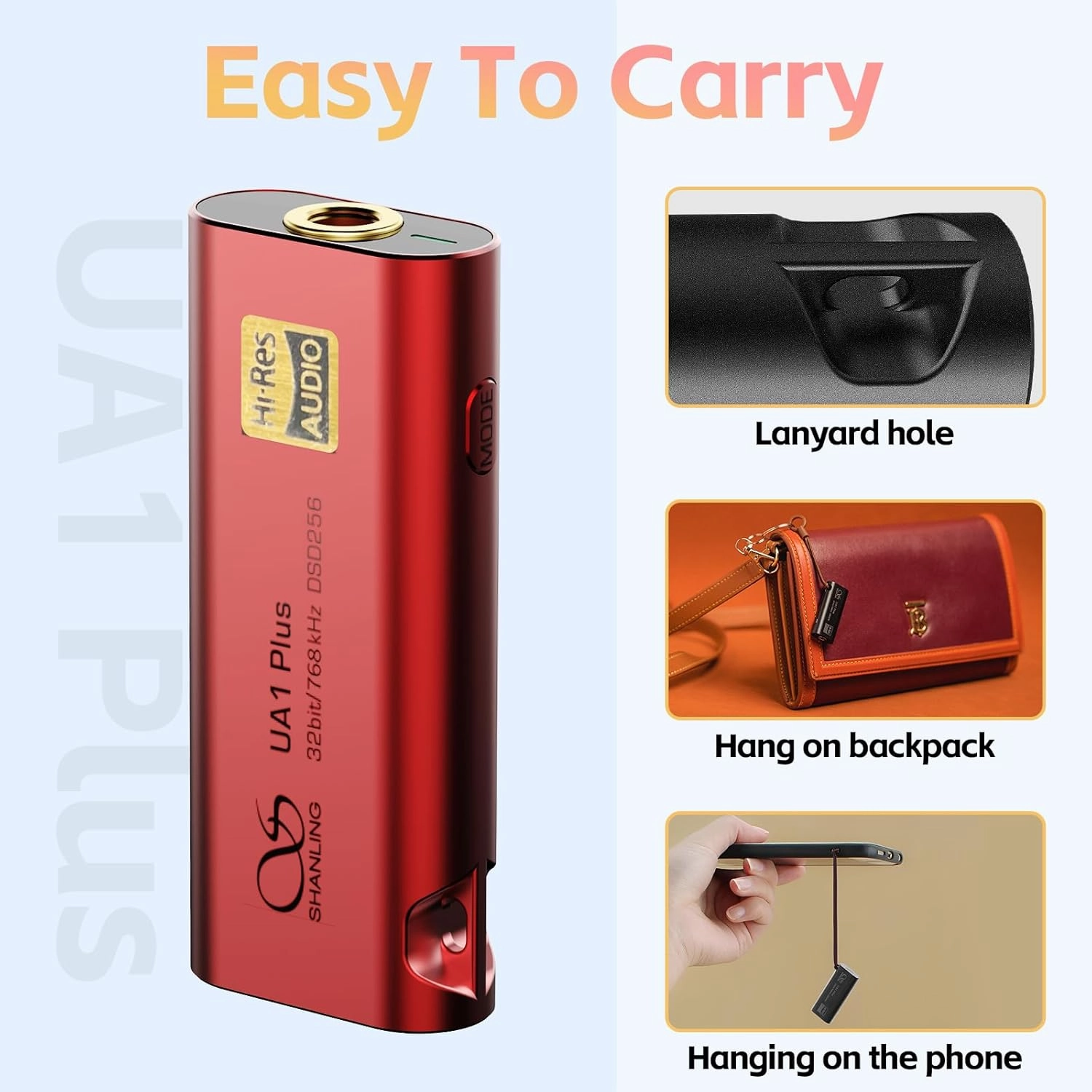 SHANLING UA1 Plus Headphone Amplifier, Portable USB DAC/AMP,Dual 43131 DAC,CT701 USB Receive Chip,Support Up to 768kHZ/32bit,DSD256,80mW@32 Output,Android app Control (Red)