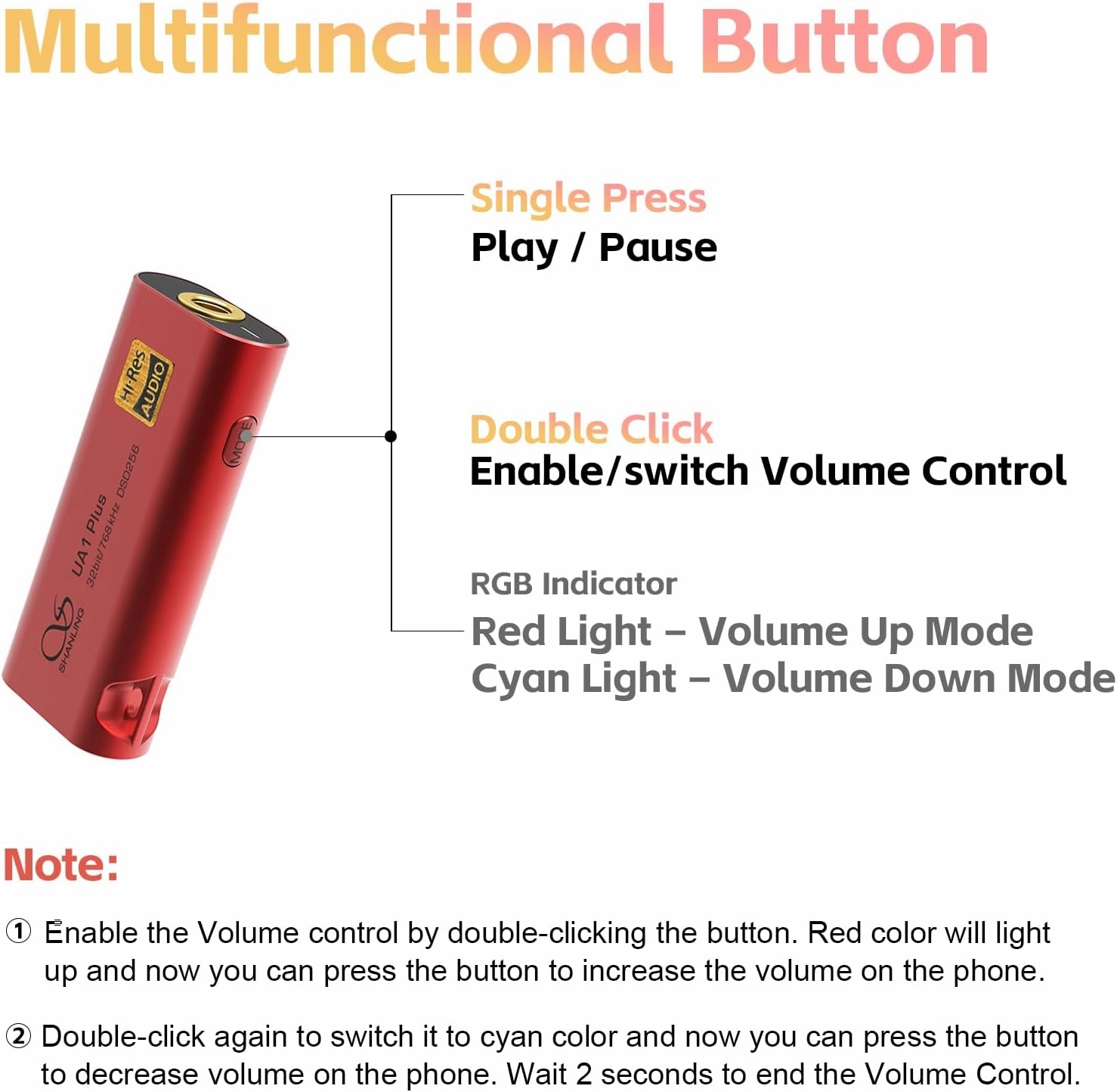 SHANLING UA1 Plus Headphone Amplifier, Portable USB DAC/AMP,Dual 43131 DAC,CT701 USB Receive Chip,Support Up to 768kHZ/32bit,DSD256,80mW@32 Output,Android app Control (Red)