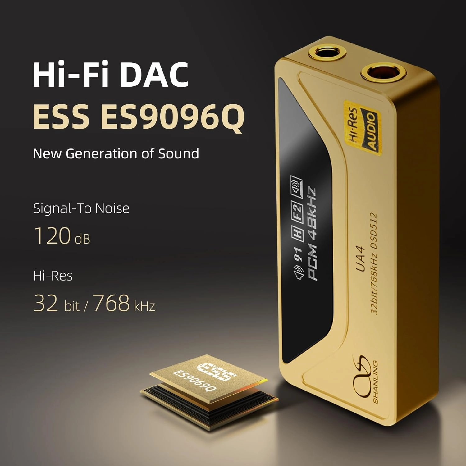 SHANLING UA4 Headphone Amplifier,Portable USB DAC AMP,Support MQA 16X,768kHz DSD512,High Driving Power for Android/iOS/Mac/Windows,dongle Volume Control,3.5/4.4mm up to 237mW@32 Output (Golden)