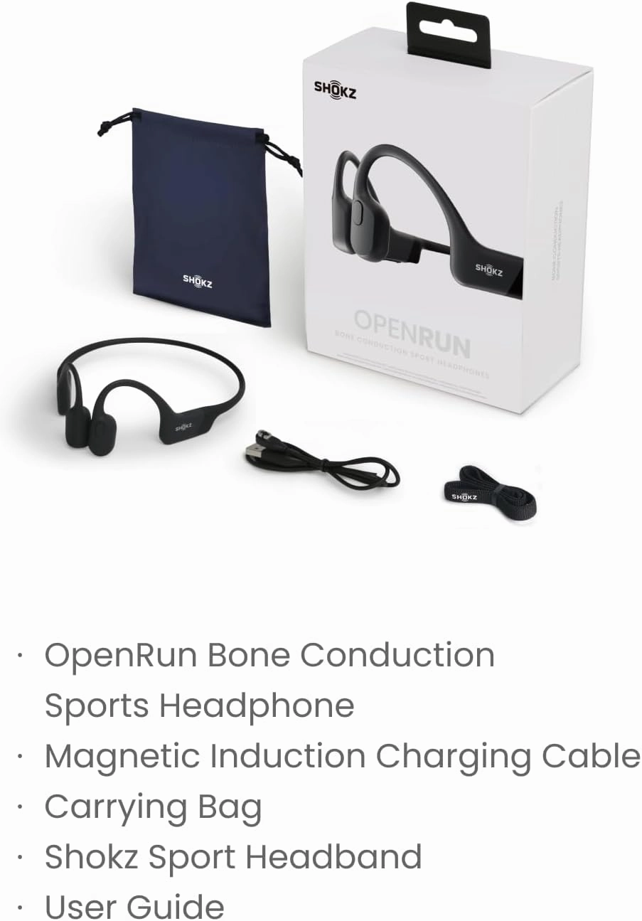 SHOKZ OpenRun - Open-Ear Bluetooth Bone Conduction Sport Headphones, Sweat Resistant Wireless Earphones for Workouts and Running, Built-in Mic, with Hair Band, Black