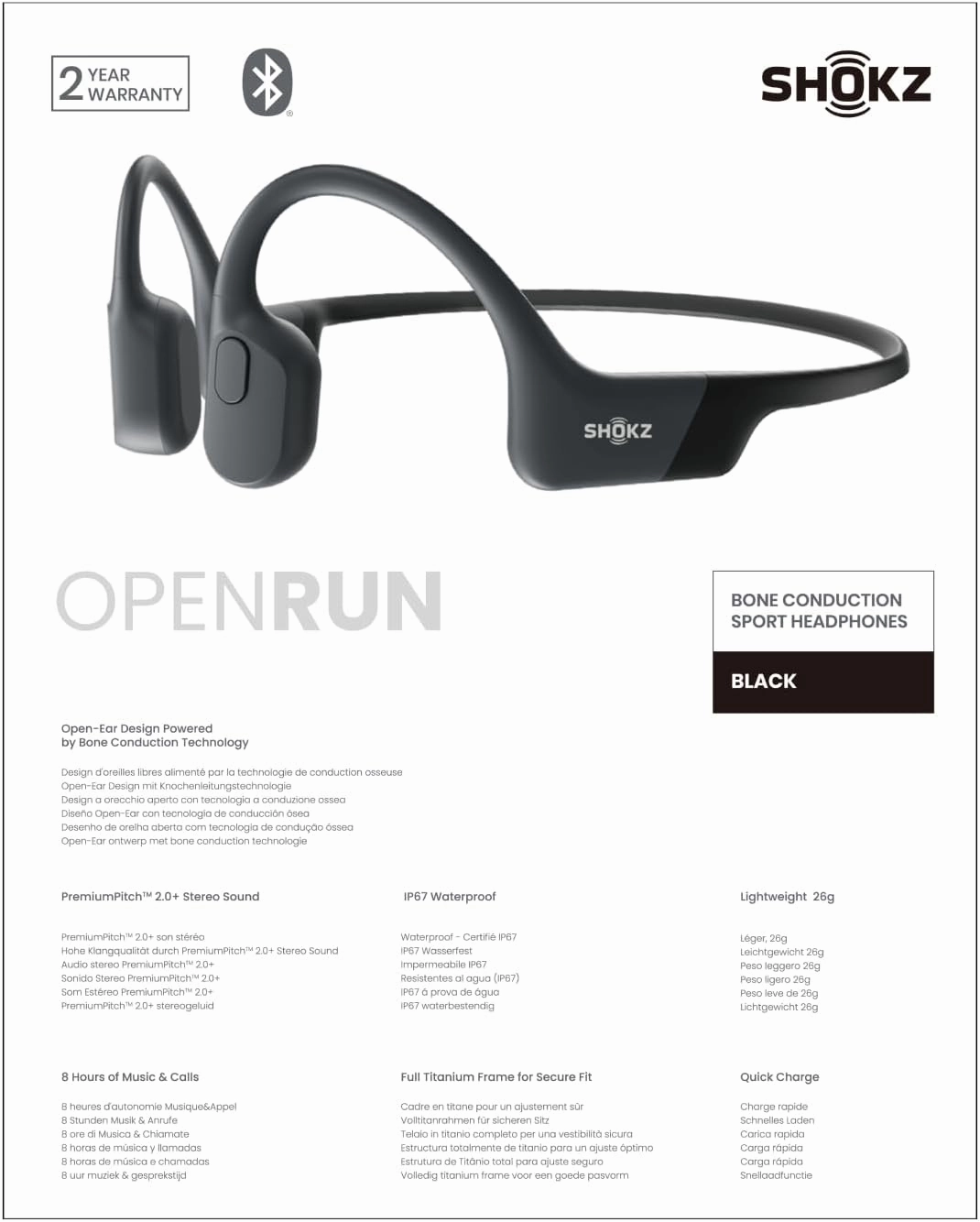 SHOKZ OpenRun - Open-Ear Bluetooth Bone Conduction Sport Headphones, Sweat Resistant Wireless Earphones for Workouts and Running, Built-in Mic, with Hair Band, Black