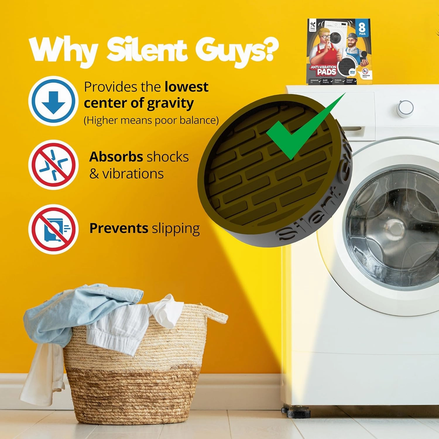 Silent Guys Anti Vibration Pads for Washing Machine - 8 Pack Washing Machine Anti Vibration Pads Vibration Isolation Pads Washing Machine Shock Absorber Washing Machine Leveling Feet