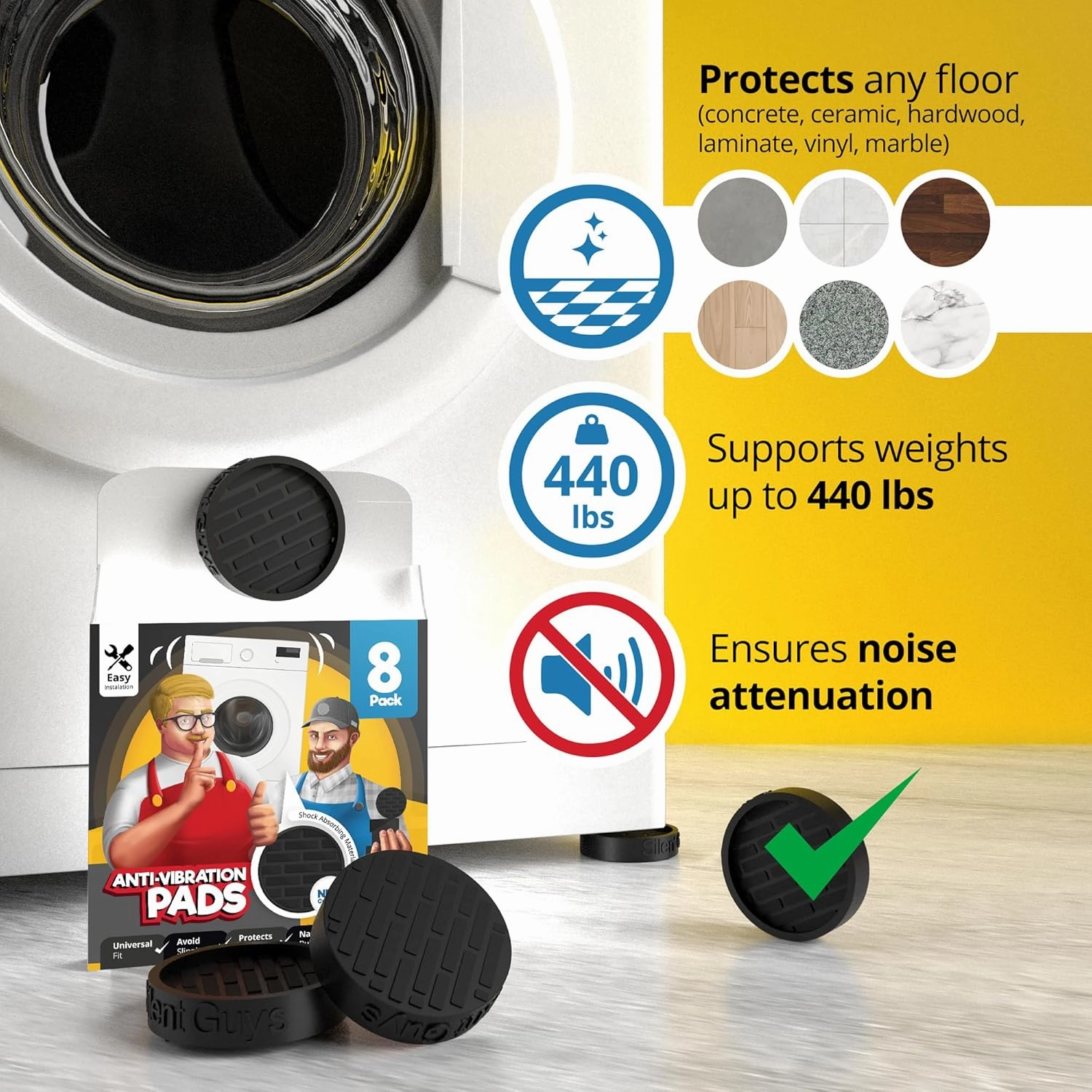 Silent Guys Anti Vibration Pads for Washing Machine - 8 Pack Washing Machine Anti Vibration Pads Vibration Isolation Pads Washing Machine Shock Absorber Washing Machine Leveling Feet