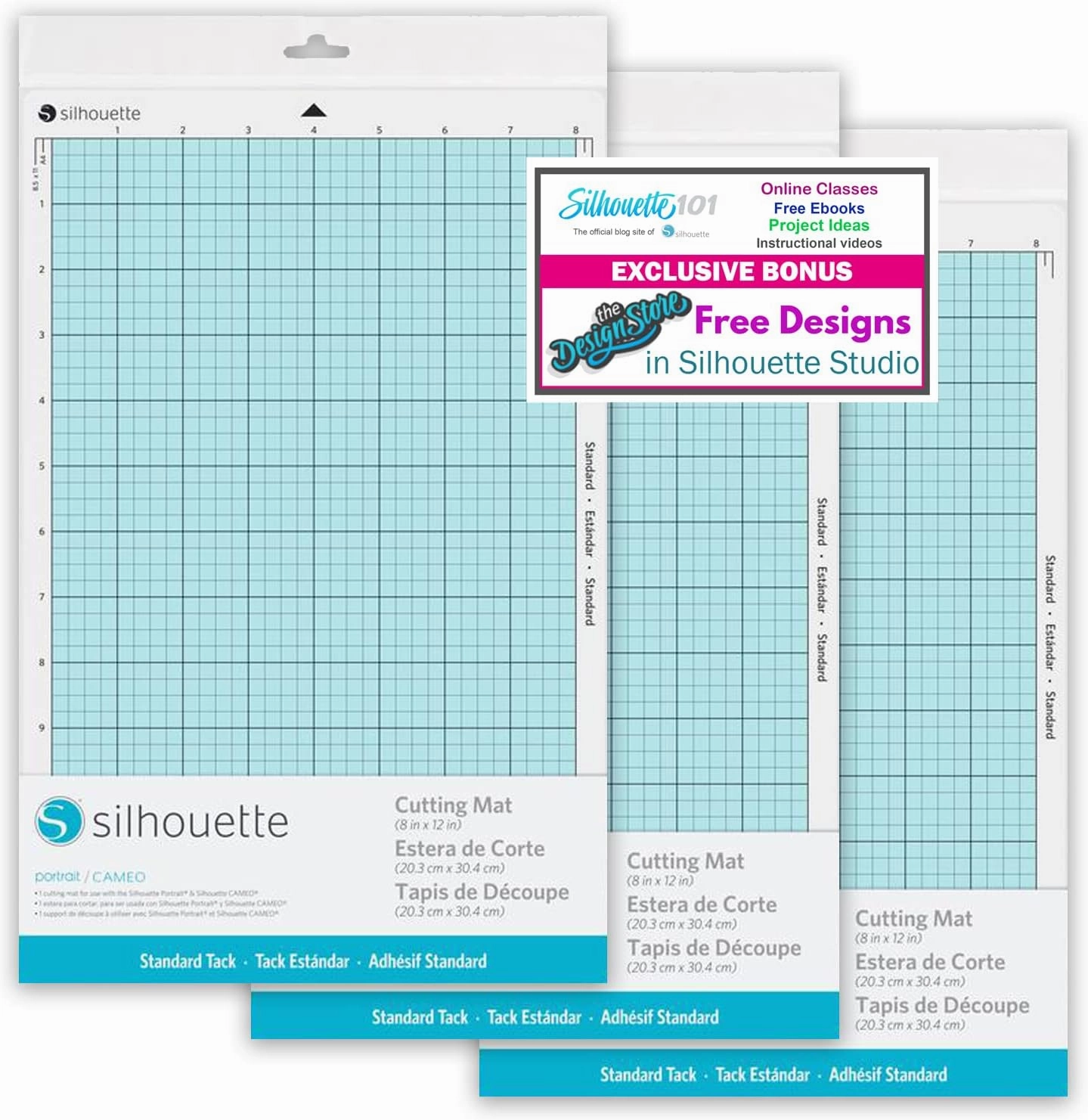 Silhouette Standard 8 inch Cutting mat 3 Pack for use with Portrait series Vinyl Cutters with 50 Bonus Designs vinyl accessories,turntable parts,record player tools,