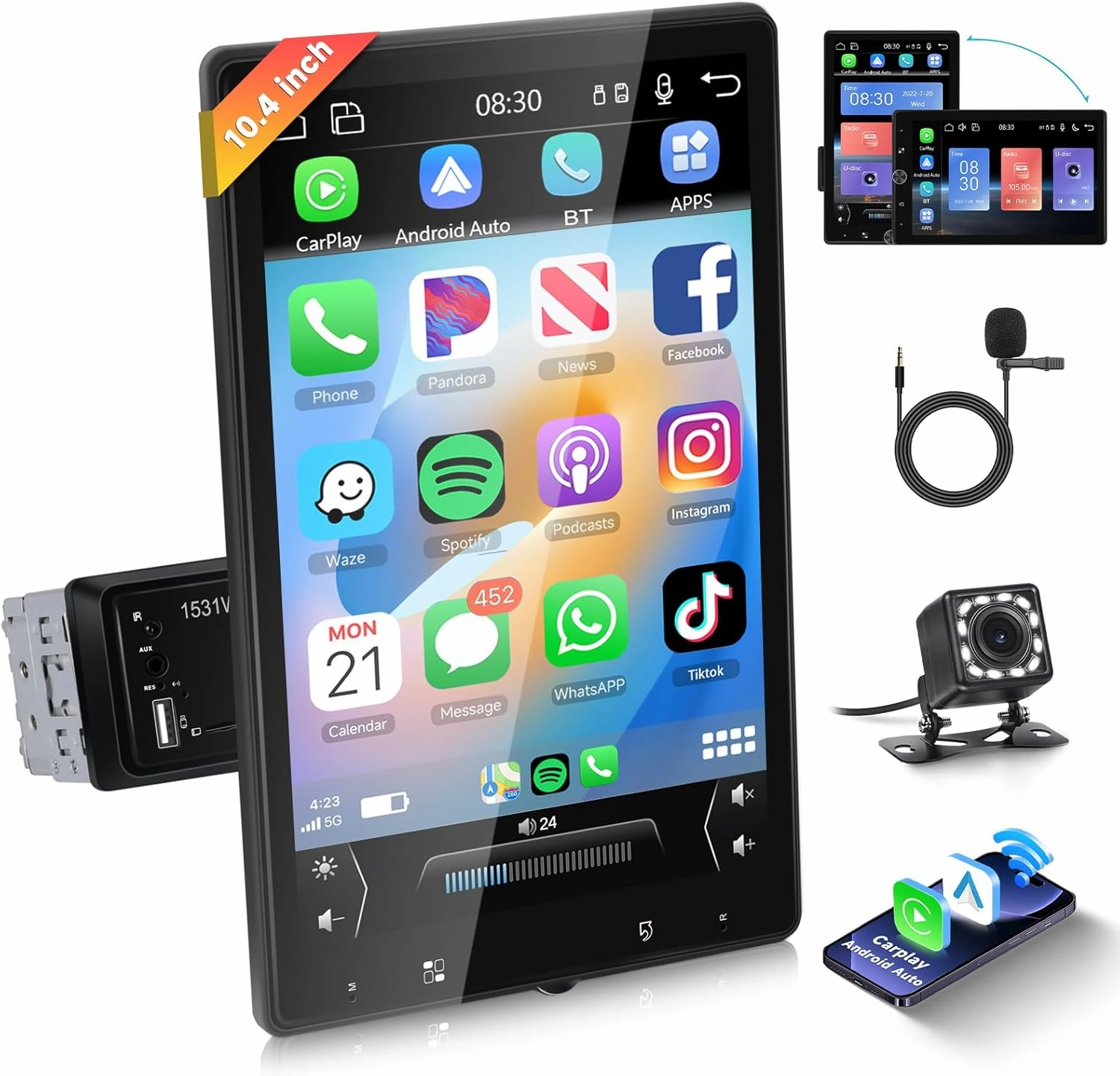 Single DIN Car Stereo with Wireless Carplay and Android Auto, 10.4 Inch Vertical Rotatable Radio Screen with Bluetooth,GPS, DSP, FM/RDS Car Radio Audio Receivers, Hodozzy SWC/USB/AUX/ Back Up Camera audio interface,USB interface,music recording input,