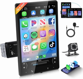 Single DIN Car Stereo with Wireless Carplay and Android Auto, 10.4 Inch Vertical Rotatable Radio Screen with Bluetooth,GPS, DSP, FM/RDS Car Radio Audio Receivers, Hodozzy SWC/USB/AUX/ Back Up Camera audio interface,USB interface,music recording input,
