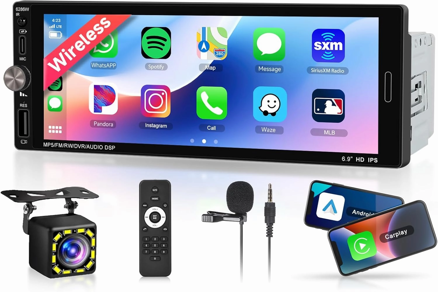 Single Din Car Stereo with Wireless Carplay Android Auto-2025 Upgraded Bluetooth 5.2 Type-C Dual Mic 6.9 Inch IPS Touch Screen Car Radio with Backup Camera Mirror Link FM USB EQ SWC audio interface,USB interface,music recording input,