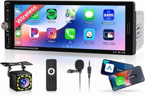 Single Din Car Stereo with Wireless Carplay Android Auto-2025 Upgraded Bluetooth 5.2 Type-C Dual Mic 6.9 Inch IPS Touch Screen Car Radio with Backup Camera Mirror Link FM USB EQ SWC audio interface,USB interface,music recording input,