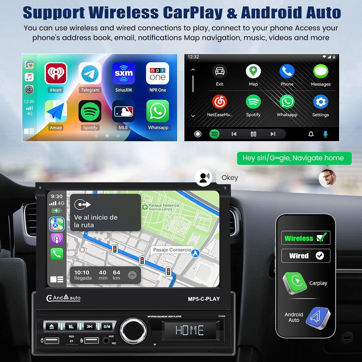 Single Din Touchscreen Car Stereo with Wireless Carplay&Android Auto,7 Inch Flip Out Screen Car Radio with Bluetooth FM Radio Mirror Link Car Audio with USB/TF/AUX-in SWC Backup Camera Microphone