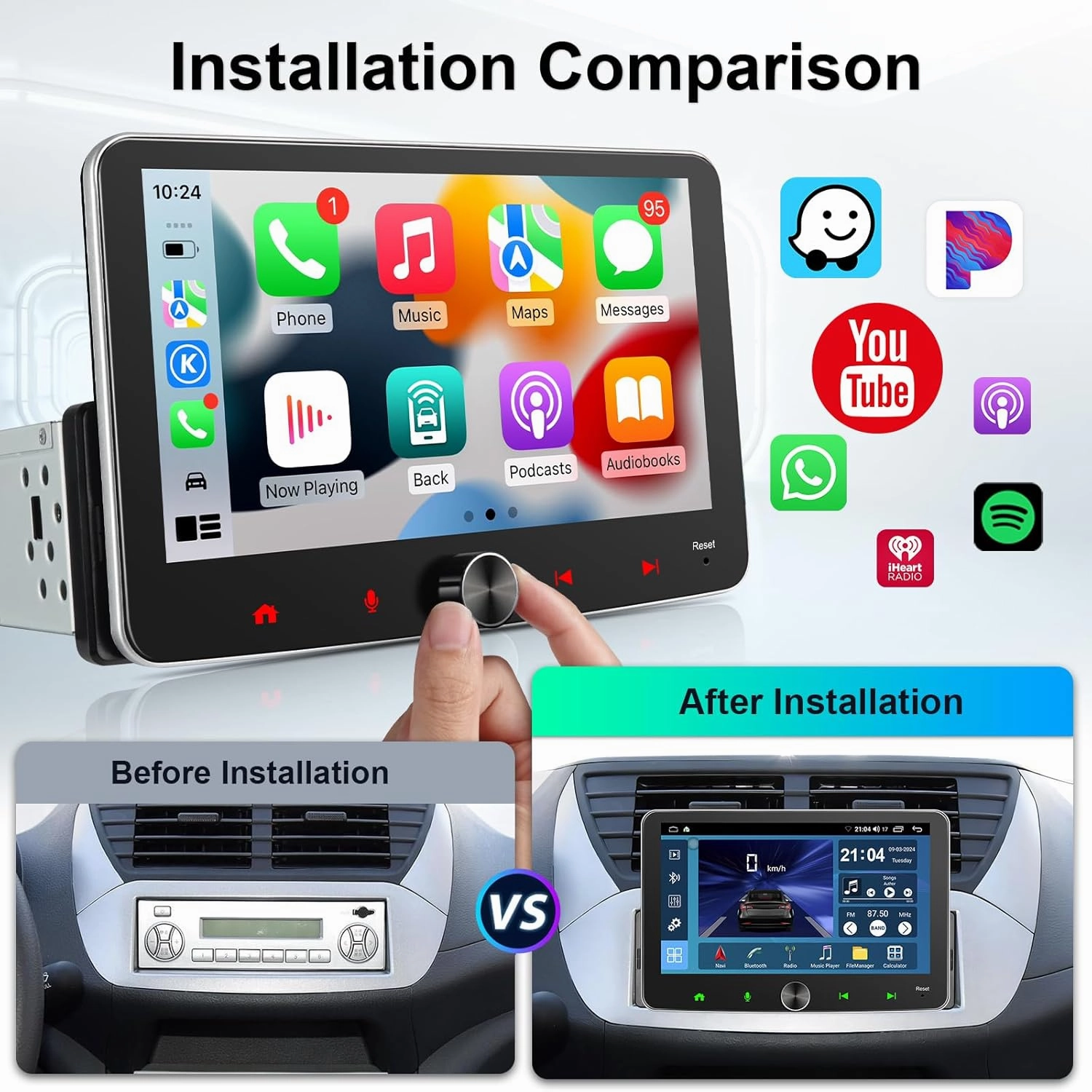 Single Din Touchscreen Radio: 7 Inch CarPlay Android Auto Radio Touch Screen Head Unit, 1 Din Car Stereo with Knob BT, in Dash GPS Navi, EQ, AM/FM, SWC, MIC, 2 32GB