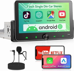 Single Din Touchscreen Radio: 7 Inch CarPlay Android Auto Radio Touch Screen Head Unit, 1 Din Car Stereo with Knob BT, in Dash GPS Navi, EQ, AM/FM, SWC, MIC, 2 32GB audio interface,USB interface,music recording input,