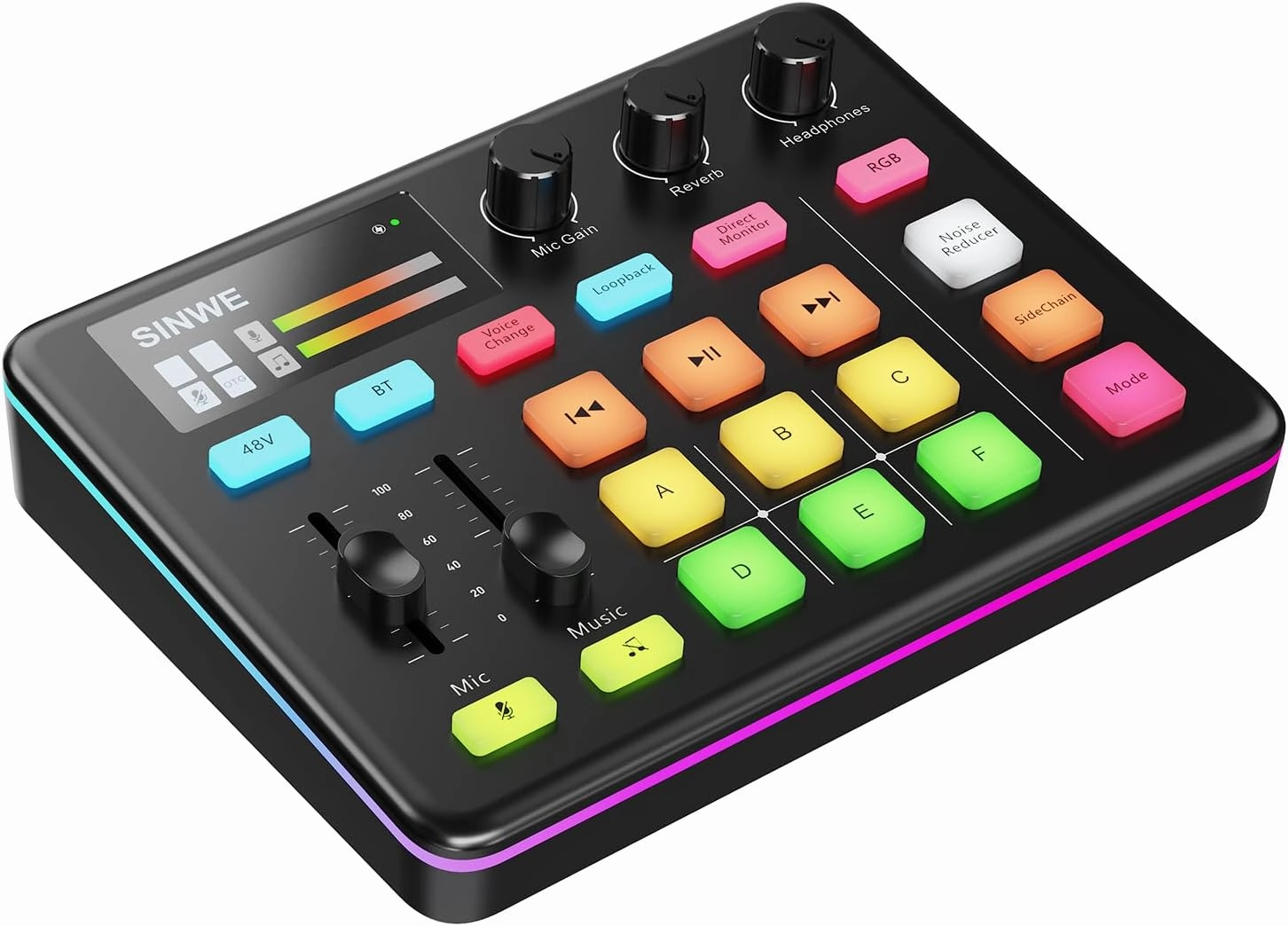 SINWE G1 Pro Gaming Audio Mixer: RGB Audio Interface with Bluetooth, XLR/48V Phantom Power, Fader & Mute Controls for Live Streaming,Podcasting, Gaming, PC/Console(Not for USB Mic) mixer console,audio mixing desk,DJ console,