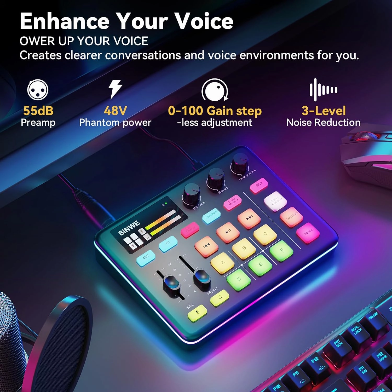 SINWE G1 Pro Gaming Audio Mixer: RGB Audio Interface with Bluetooth, XLR/48V Phantom Power, Fader & Mute Controls for Live Streaming,Podcasting, Gaming, PC/Console(White