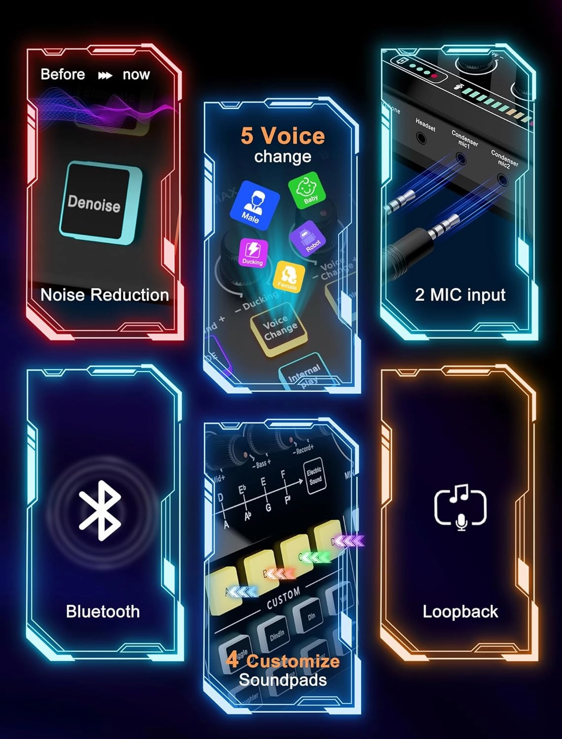 SINWE Streaming Audio Mixer,RGB audio Interface with Pro-preamp, 48V Phantom Power for Live Streaming, Individual Control, Voice Changer, 4 Customize sound pads for Podcast/Recording/Vocal/Game