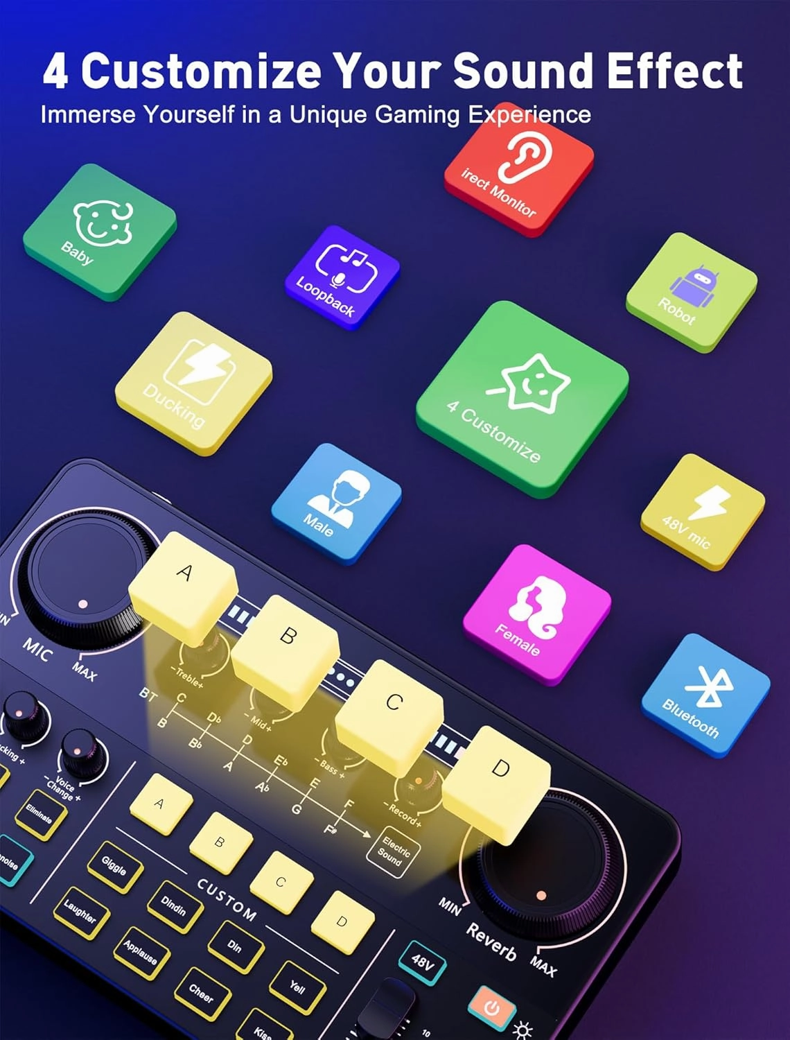 SINWE Streaming Audio Mixer,RGB audio Interface with Pro-preamp, 48V Phantom Power for Live Streaming, Individual Control, Voice Changer, 4 Customize sound pads for Podcast/Recording/Vocal/Game