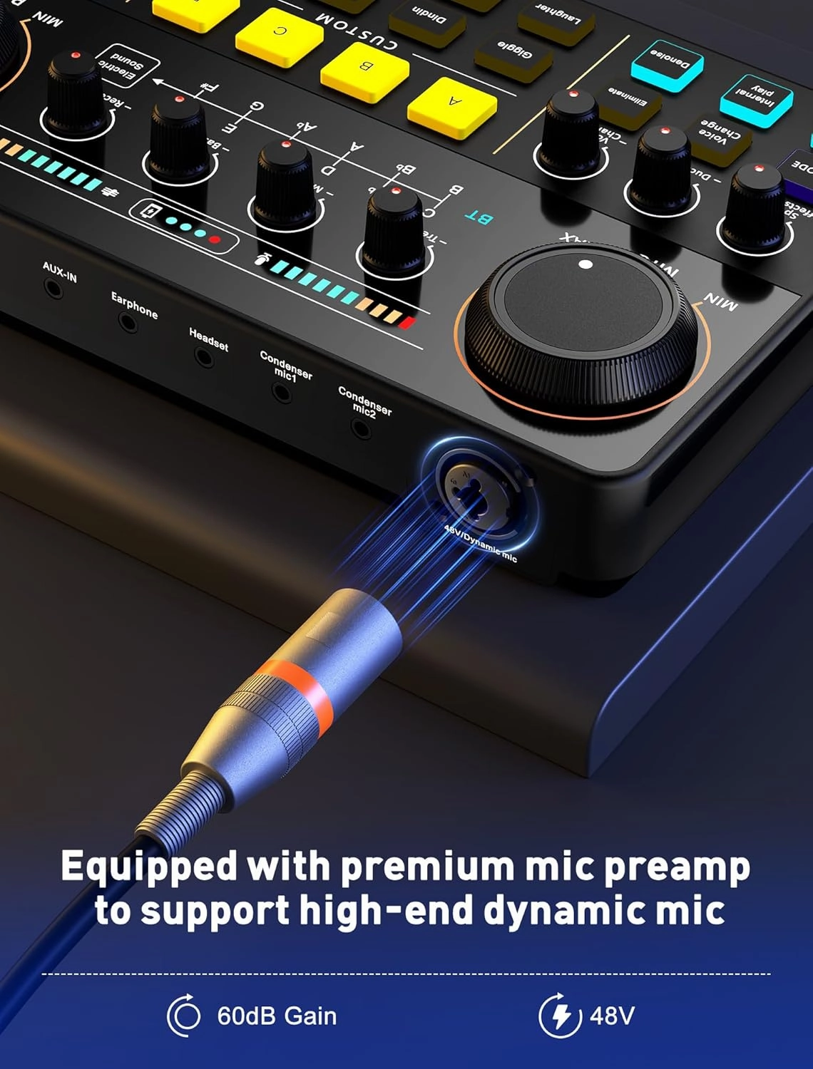 SINWE Streaming Audio Mixer,RGB audio Interface with Pro-preamp, 48V Phantom Power for Live Streaming, Individual Control, Voice Changer, 4 Customize sound pads for Podcast/Recording/Vocal/Game