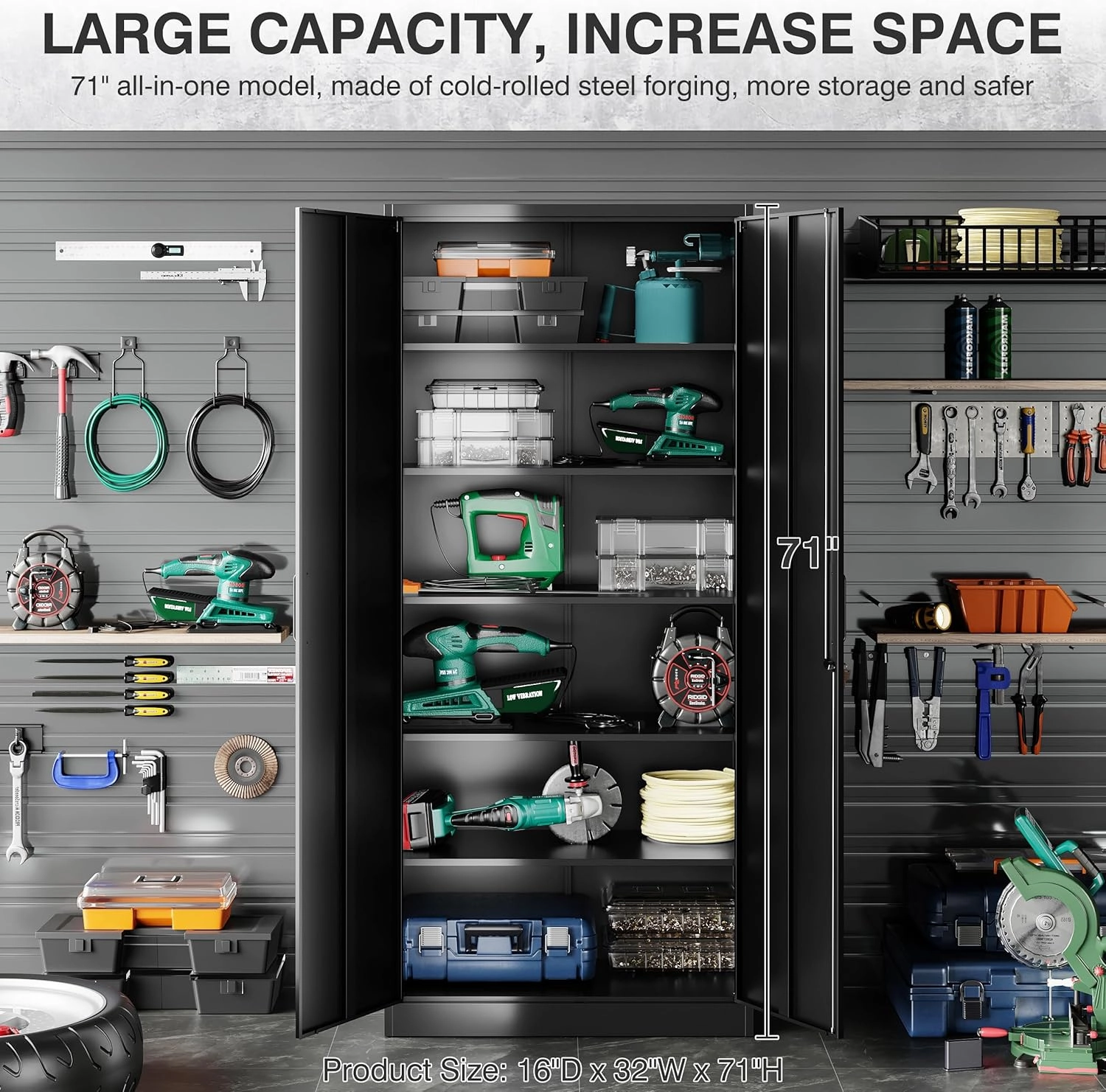 SISESOL Metal Storage Cabinet with 2 Doors and 6 Shelves,Black Metal Cabinet with Lock,71" Lockable Garage Storage Cabinets,Locking File Cabinet,Steel Tool Cabinets for Home,Office,Garage,Shop,School
