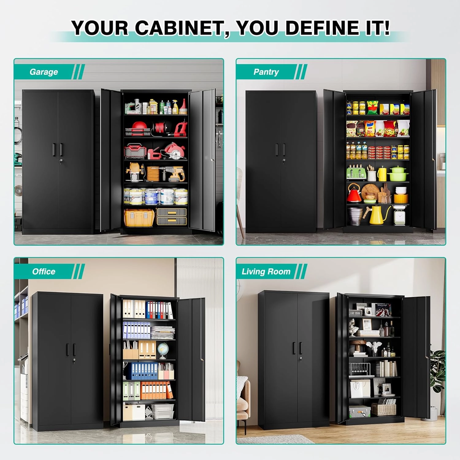 SISESOL Metal Storage Cabinet with 2 Doors and 6 Shelves,Black Metal Cabinet with Lock,71" Lockable Garage Storage Cabinets,Locking File Cabinet,Steel Tool Cabinets for Home,Office,Garage,Shop,School