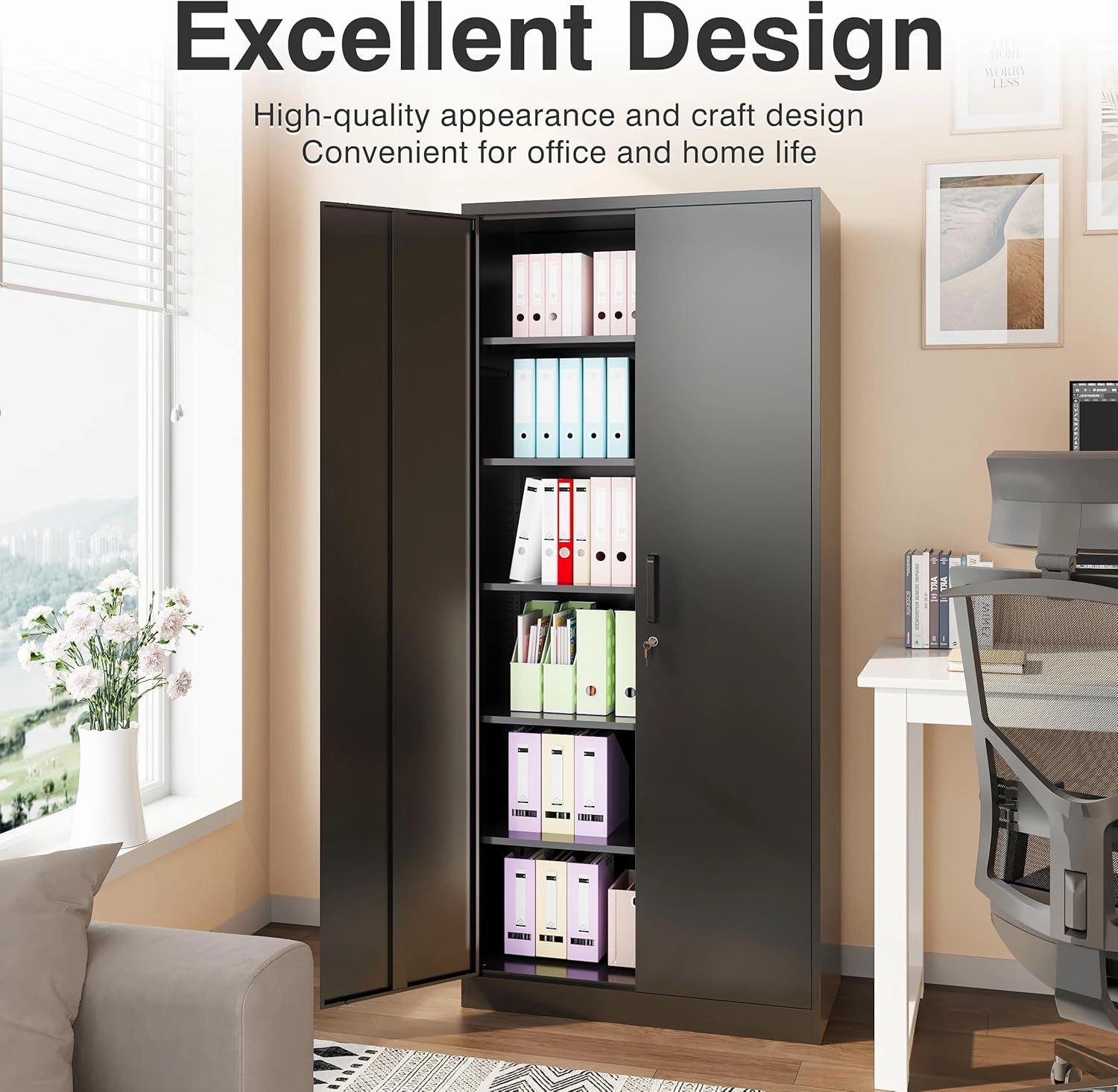 SISESOL Metal Storage Cabinet with 2 Doors and 6 Shelves,Black Metal Cabinet with Lock,71" Lockable Garage Storage Cabinets,Locking File Cabinet,Steel Tool Cabinets for Home,Office,Garage,Shop,School