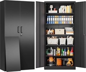 SISESOL Metal Storage Cabinet with 2 Doors and 6 Shelves,Black Metal Cabinet with Lock,71" Lockable Garage Storage Cabinets,Locking File Cabinet,Steel Tool Cabinets for Home,Office,Garage,Shop,School equipment cabinet,AV gear cabinet,component enclosu
