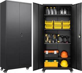 SISESOL Metal Storage Cabinet with Wheels,75 inch Rolling Garage Storage Cabinet with Lock,Black Metal Cabinets with Wheels and Shelves,Tall Tool Locker Closet on Roller for Garage,Home,Office,Shop equipment cabinet,AV gear cabinet,component enclosure,