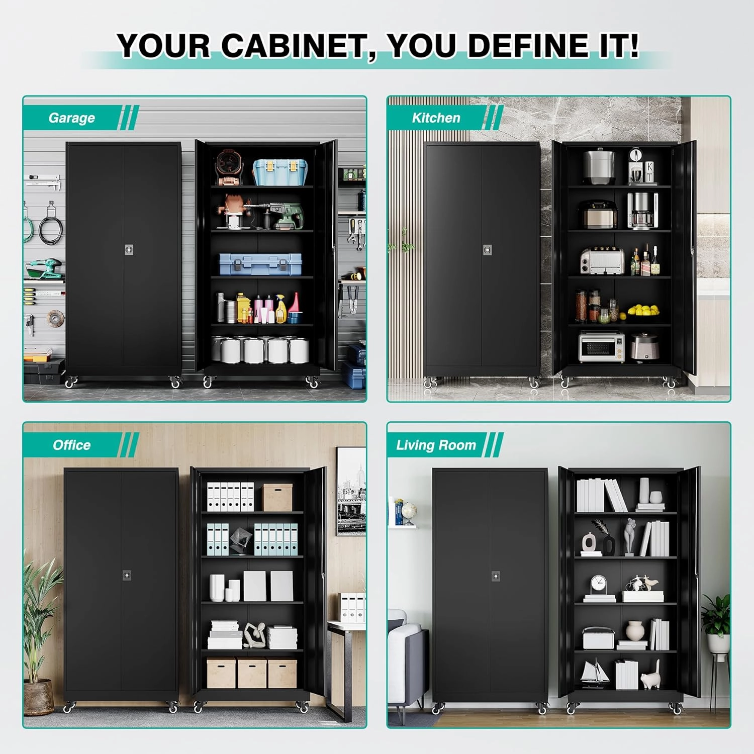 SISESOL Metal Storage Cabinet with Wheels,75 inch Rolling Garage Storage Cabinet with Lock,Black Metal Cabinets with Wheels and Shelves,Tall Tool Locker Closet on Roller for Garage,Home,Office,Shop