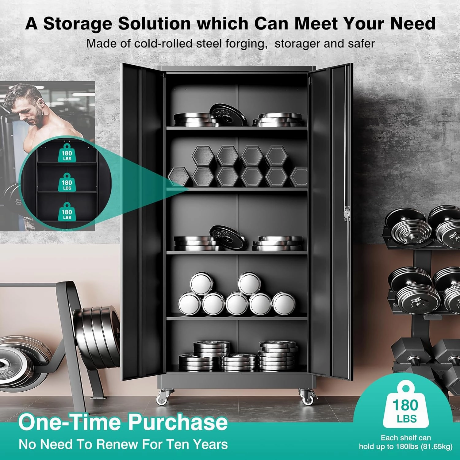 SISESOL Metal Storage Cabinet with Wheels,75 inch Rolling Garage Storage Cabinet with Lock,Black Metal Cabinets with Wheels and Shelves,Tall Tool Locker Closet on Roller for Garage,Home,Office,Shop