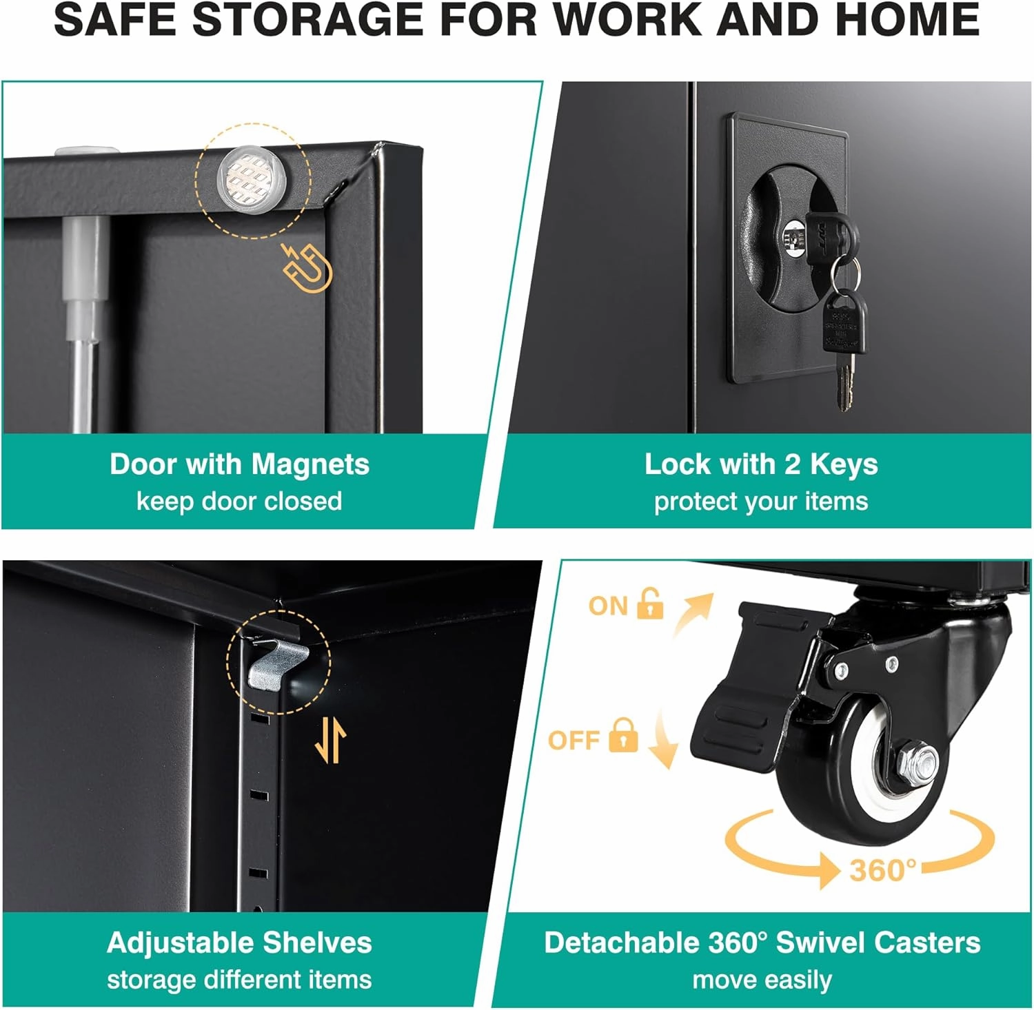 SISESOL Metal Storage Cabinet with Wheels,75 inch Rolling Garage Storage Cabinet with Lock,Black Metal Cabinets with Wheels and Shelves,Tall Tool Locker Closet on Roller for Garage,Home,Office,Shop