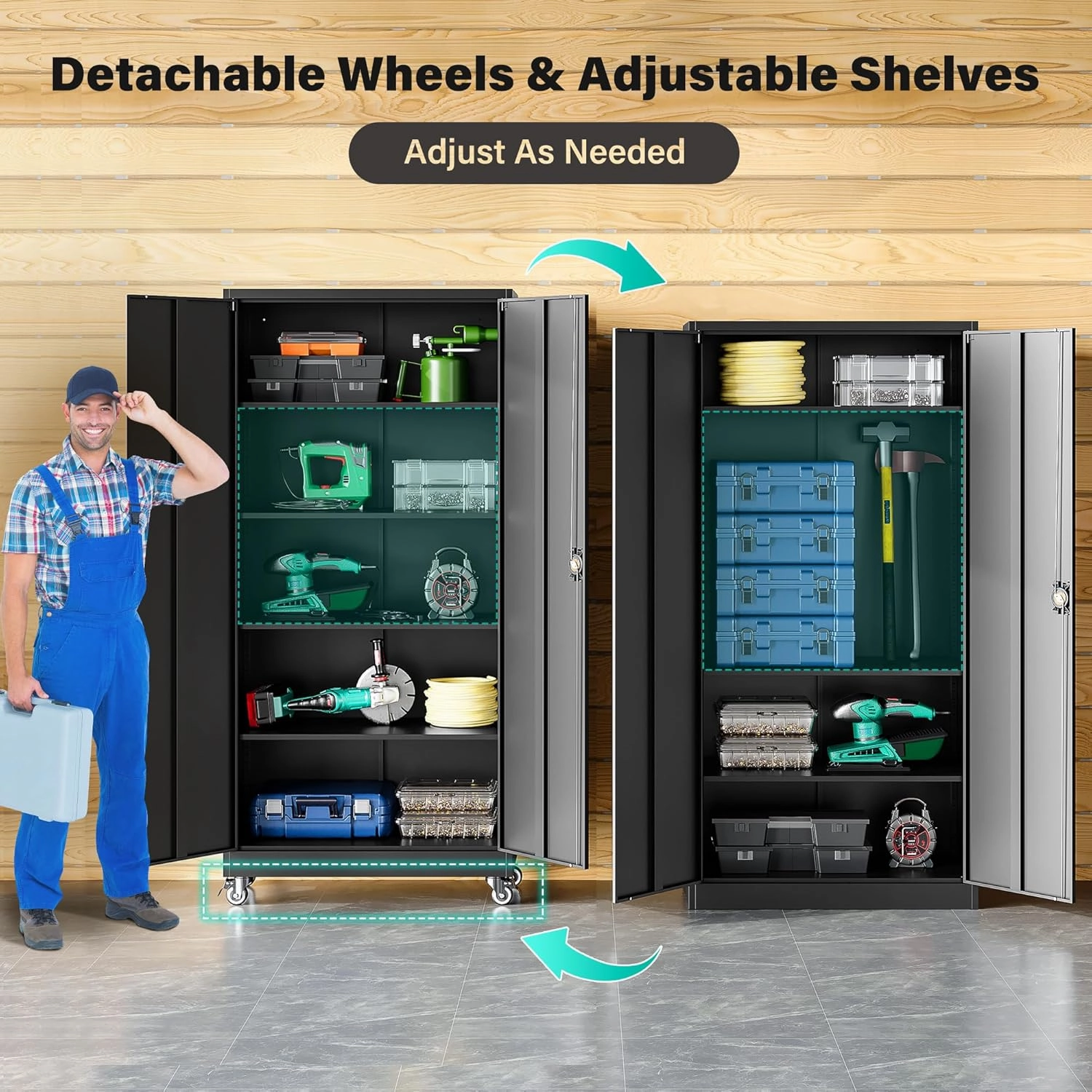 SISESOL Metal Storage Cabinet with Wheels,75 inch Rolling Garage Storage Cabinet with Lock,Black Metal Cabinets with Wheels and Shelves,Tall Tool Locker Closet on Roller for Garage,Home,Office,Shop