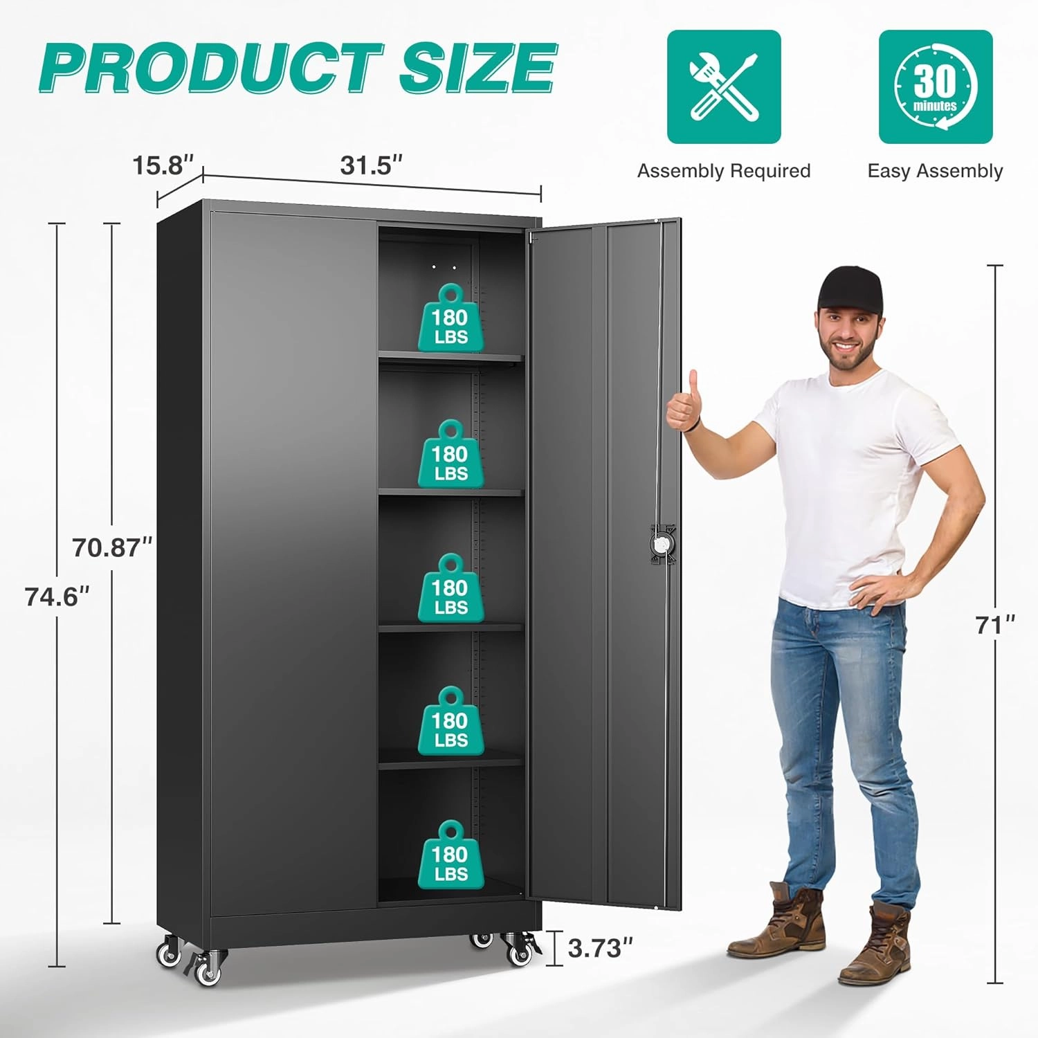 SISESOL Metal Storage Cabinet with Wheels,75 inch Rolling Garage Storage Cabinet with Lock,Black Metal Cabinets with Wheels and Shelves,Tall Tool Locker Closet on Roller for Garage,Home,Office,Shop