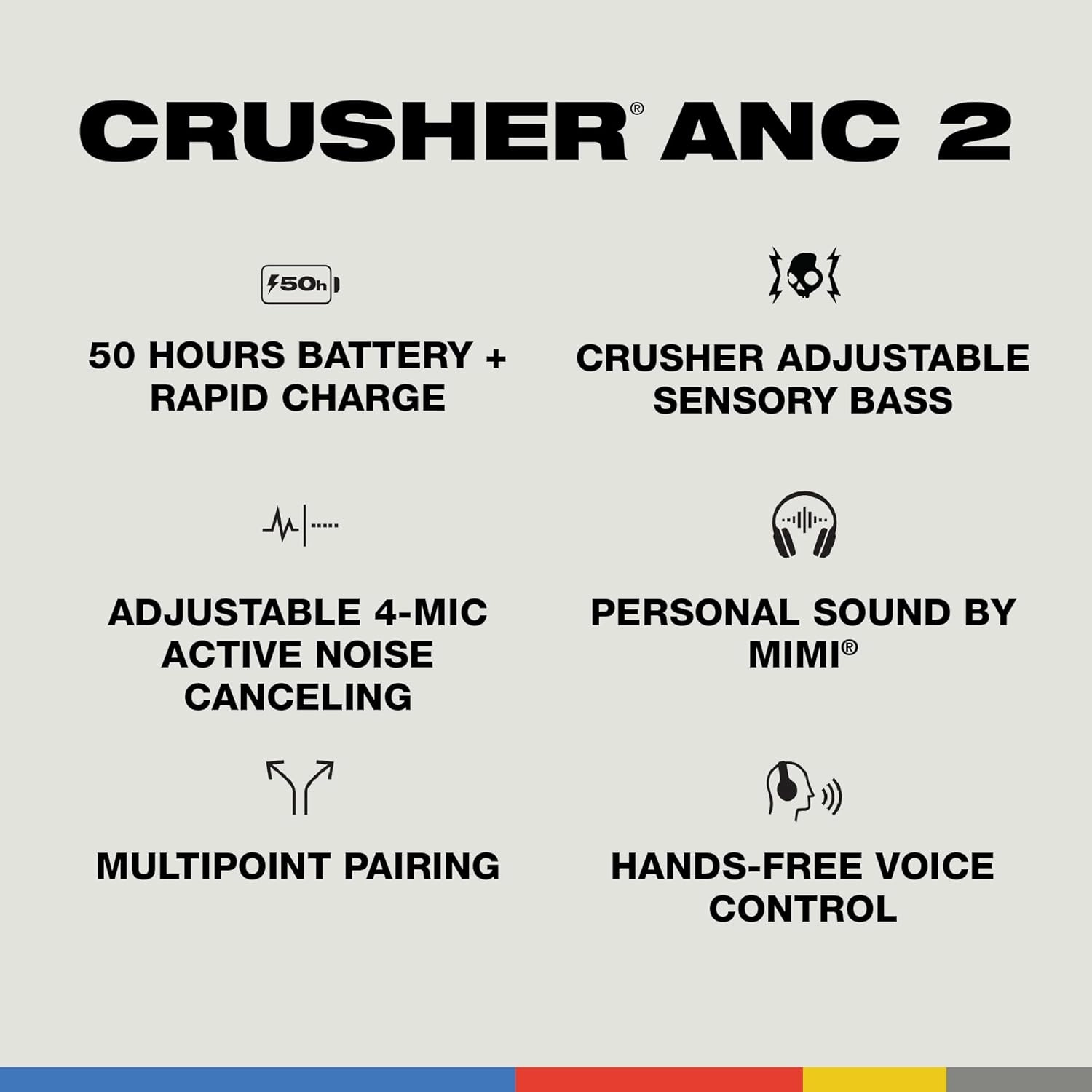 Skullcandy Crusher ANC 2 Wireless Over-Ear Bluetooth Headphones with Multi-Sensory Bass and Charging Cable, Active Noise Cancelling, Up to 60 Hours Battery, Microphone for iPhone Android - Bone