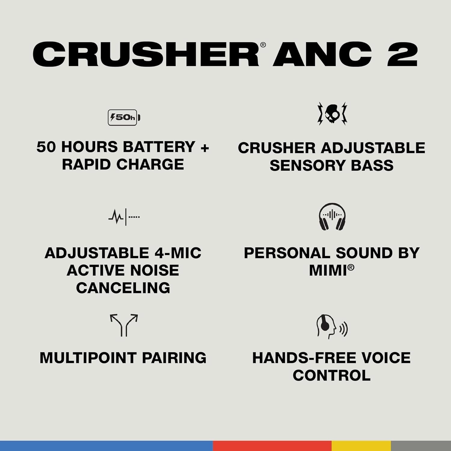 Skullcandy Crusher ANC 2 Wireless Over-Ear Bluetooth Headphones with Multi-Sensory Bass and Charging Cable, Active Noise Cancelling, Up to 60 Hours Battery, Microphone for iPhone Android - Preppy Blue