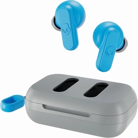 Skullcandy Dime 2 Wireless Earbuds, Bluetooth Headphones, Noise Isolating Fit, Up to 12 Hours Battery, Microphone for iPhone Android, Easy Carry with Integrated Lanyard - Light Grey/Blue wireless earbuds,Bluetooth earphones,true wireless stereo,