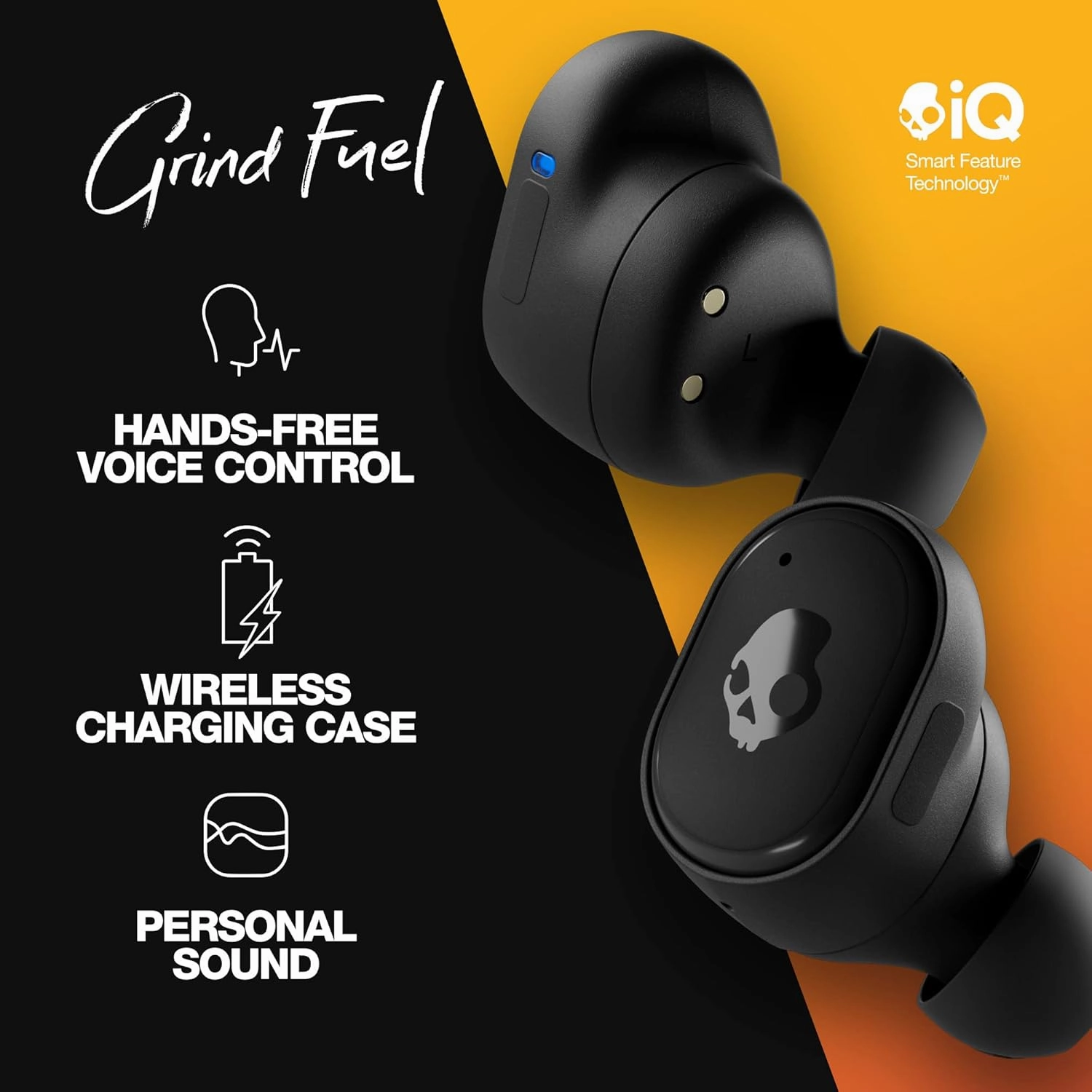 Skullcandy Grind Fuel Wireless Earbuds, Bluetooth Headphones, Up to 40 Hours Battery, Noise Isolating Fit, Wireless Charging Case, Microphone, Customizable via Skull-iQ App - True Black/Orange