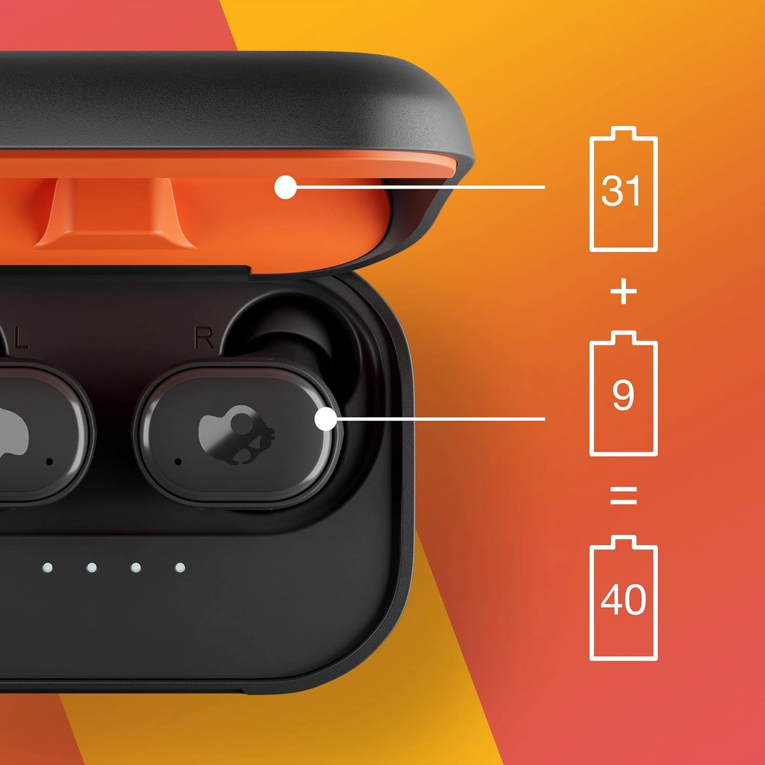 Skullcandy Grind Fuel Wireless Earbuds, Bluetooth Headphones, Up to 40 Hours Battery, Noise Isolating Fit, Wireless Charging Case, Microphone, Customizable via Skull-iQ App - True Black/Orange