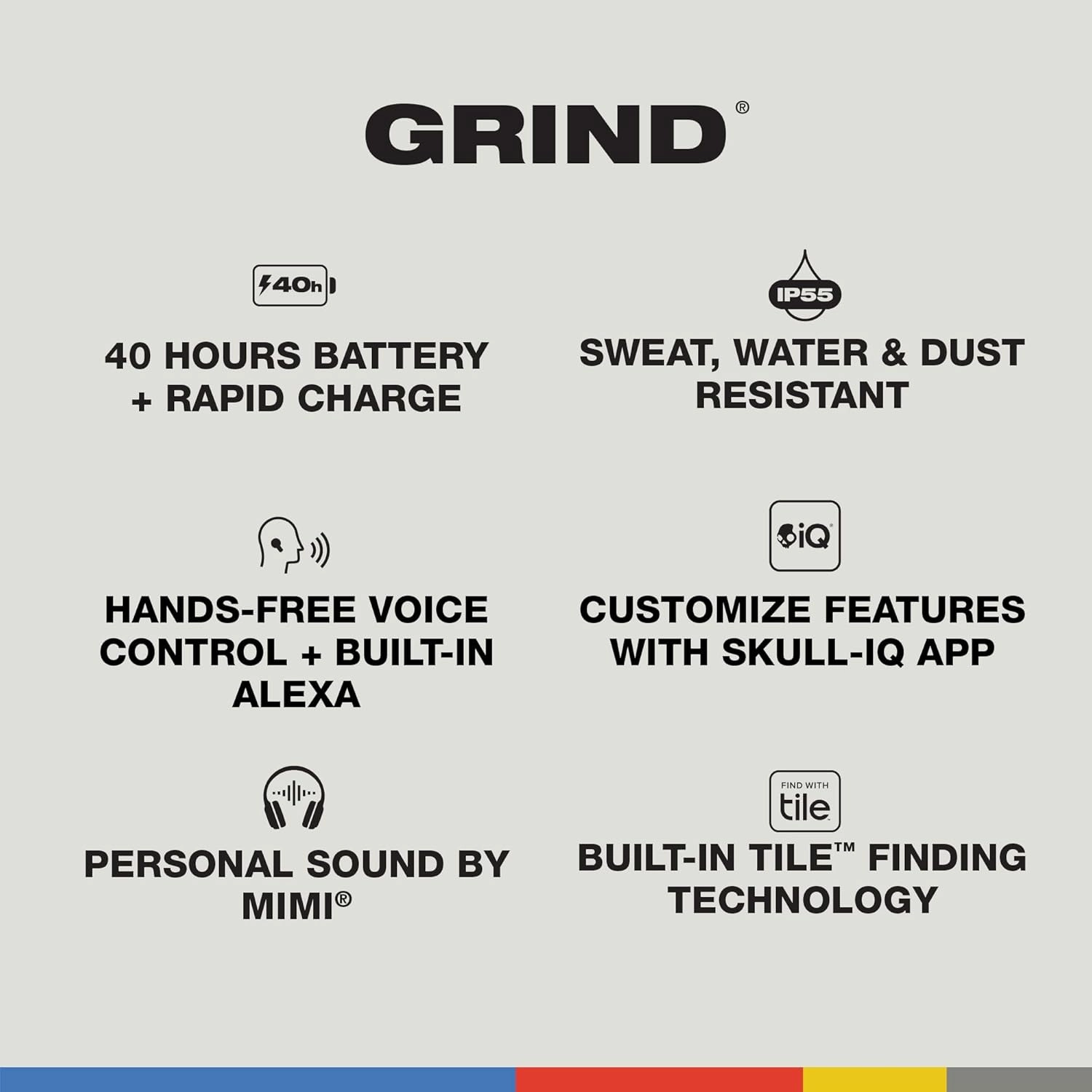 Skullcandy Grind Wireless Earbuds, Bluetooth Headphones, Up to 40 Hours Battery, Noise Isolating Fit, Microphone for iPhone Android, Customizable via Skull-iQ App - Light Grey/Blue