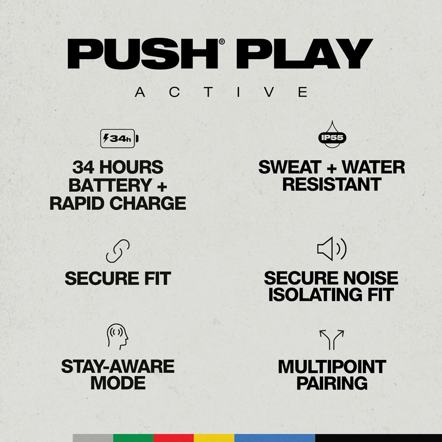 Skullcandy Push Play Active Wireless Earbuds, Bluetooth Headphones, Noise Isolating, 34 Hrs Battery, Secure-Fit Over-Ear Hanger, Sweat Water Resistant, Microphone for iPhone Android - Preppy Blue