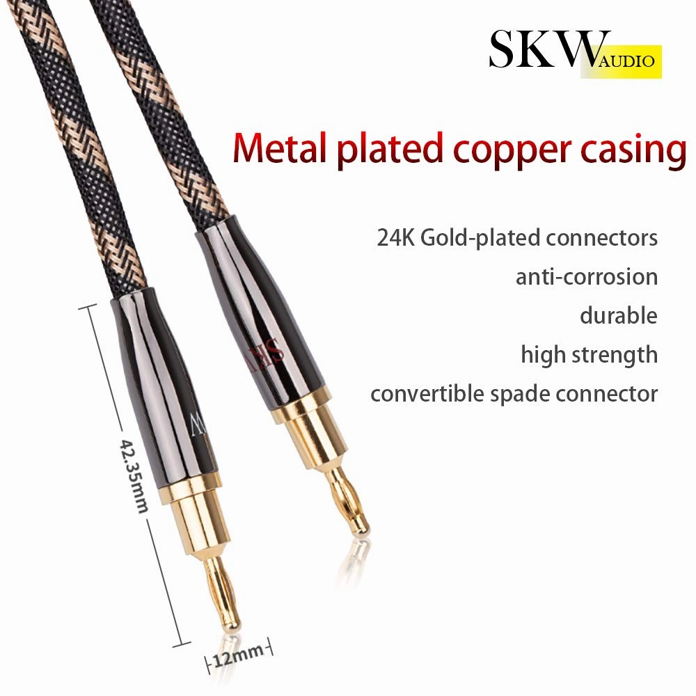 SKW A Pair Audiophile Speaker Cable,Convertible Banana Spade Gold Plated Connector,Nylon Braid,HiFi Quality Cable(8.2ft/2.5M,2 Cables for 2 Speakers)