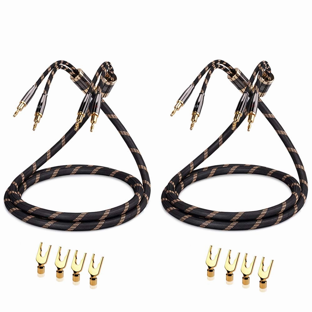 SKW A Pair Audiophile Speaker Cable,Convertible Banana Spade Gold Plated Connector,Nylon Braid,HiFi Quality Cable(8.2ft/2.5M,2 Cables for 2 Speakers) speaker cable,audio wire,hi-fi speaker cord,