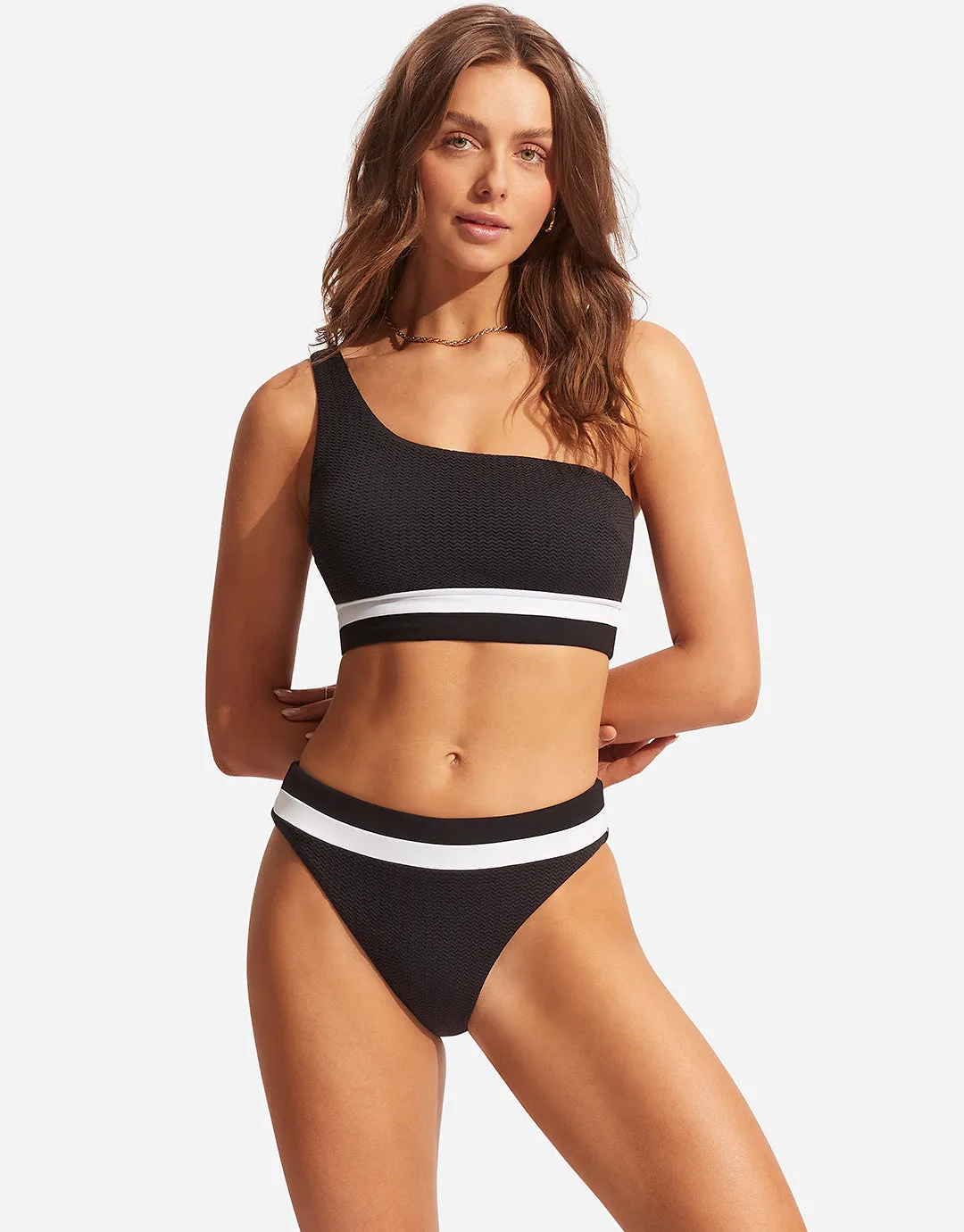 Slice of Splice One Shoulder Bikini Top - Black and White