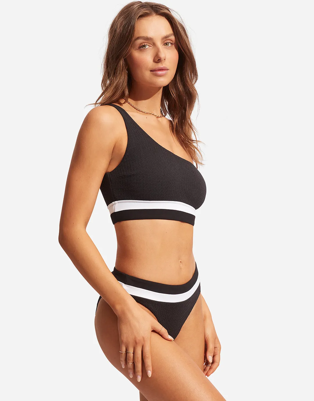 Slice of Splice One Shoulder Bikini Top - Black and White