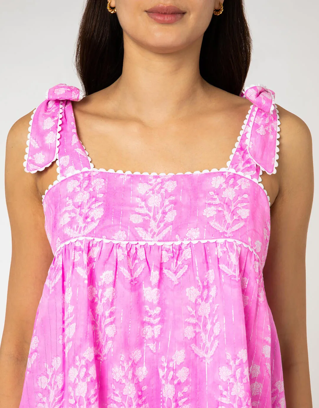 Small Flower Block Print Tie Shoulder Top - Orchid