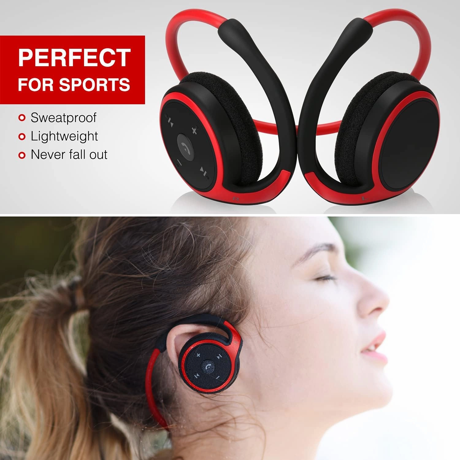 Small Bluetooth Headphones Wrap Around Head - Sports Wireless Headset with Built in Microphone and Crystal-Clear Sound, Foldable and Carried in The Purse, and 12-Hour Battery Life, Red