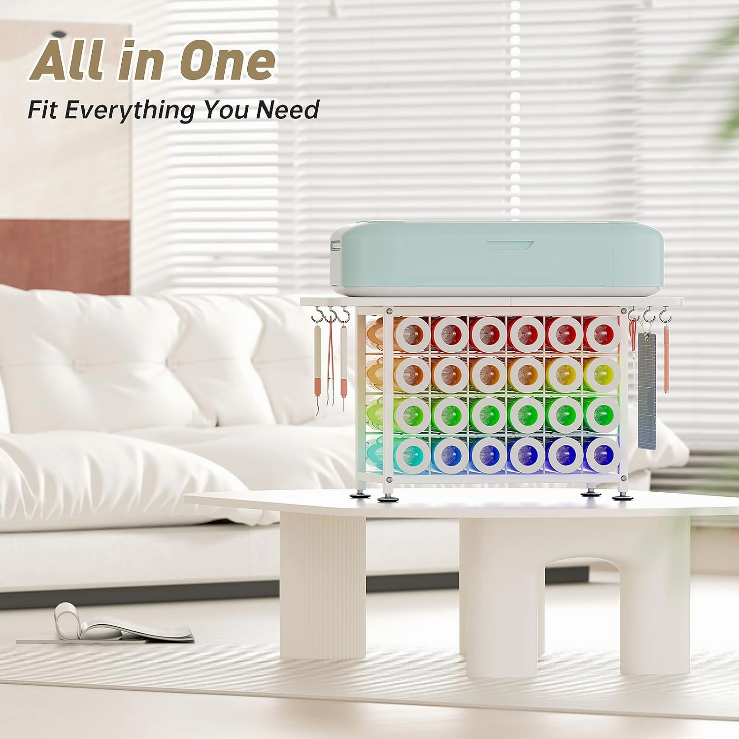 Small Craft Organizers and Storage Compatible with Cricut Machines Craft Table Storage with 24 Vinyl Roll Holders, Crafting Cabinet Workstation Tool Holder for Craft Room Home Office
