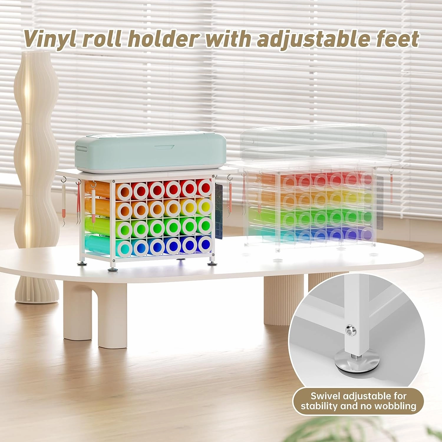 Small Craft Organizers and Storage Compatible with Cricut Machines Craft Table Storage with 24 Vinyl Roll Holders, Crafting Cabinet Workstation Tool Holder for Craft Room Home Office