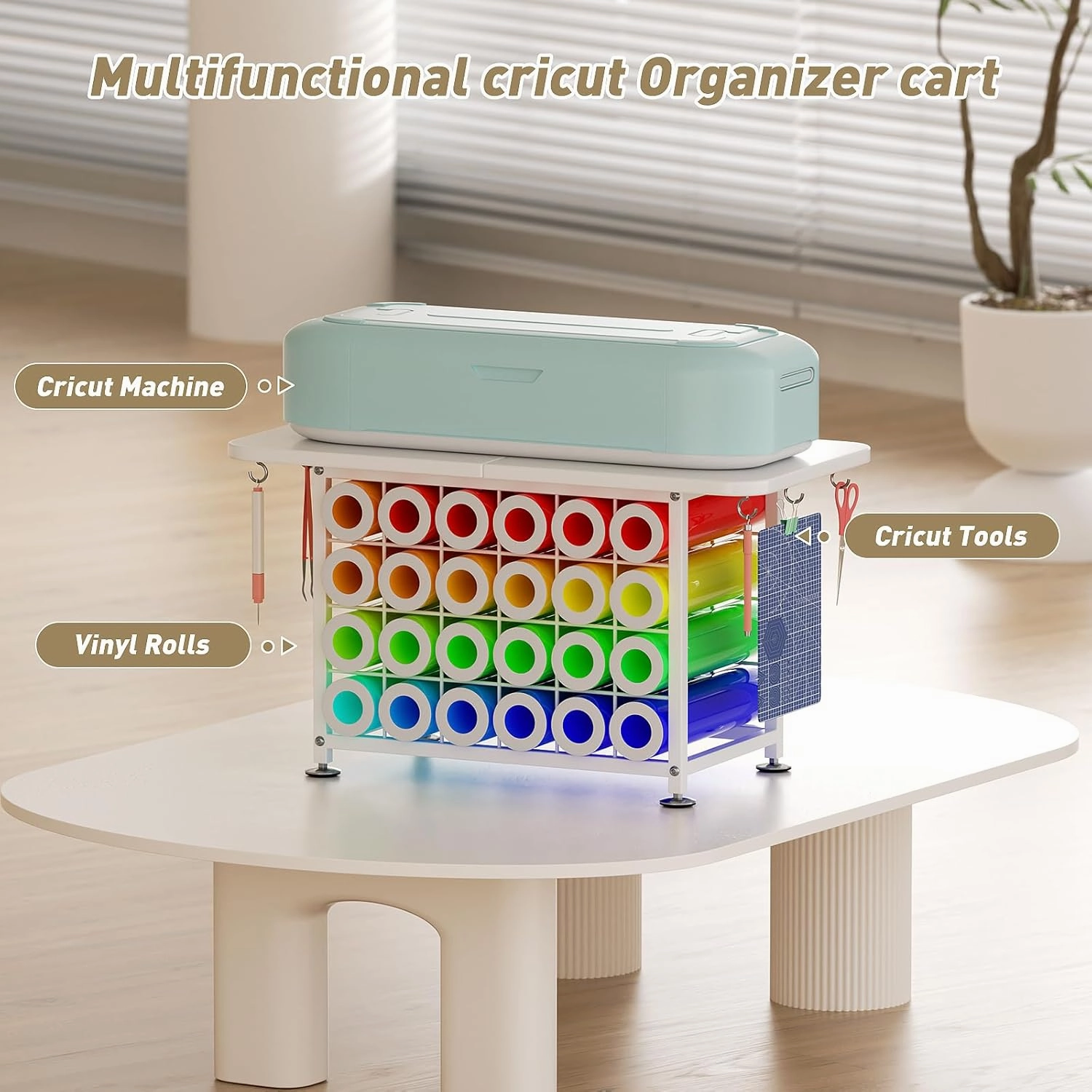 Small Craft Organizers and Storage Compatible with Cricut Machines Craft Table Storage with 24 Vinyl Roll Holders, Crafting Cabinet Workstation Tool Holder for Craft Room Home Office
