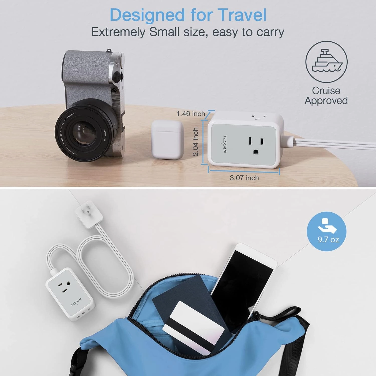 Small Flat Plug Power Strip, TESSAN Ultra Thin Extension Cord with 3 USB Wall Charger (1 USB C), 3 Outlets Mini Charging Station, 5 ft Slim Plug for Cruise Travel Office School Dorm Room Essentials