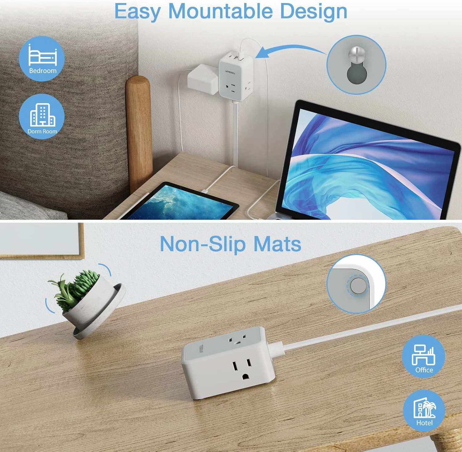 Small Flat Plug Power Strip, TESSAN Ultra Thin Extension Cord with 3 USB Wall Charger (1 USB C), 3 Outlets Mini Charging Station, 5 ft Slim Plug for Cruise Travel Office School Dorm Room Essentials